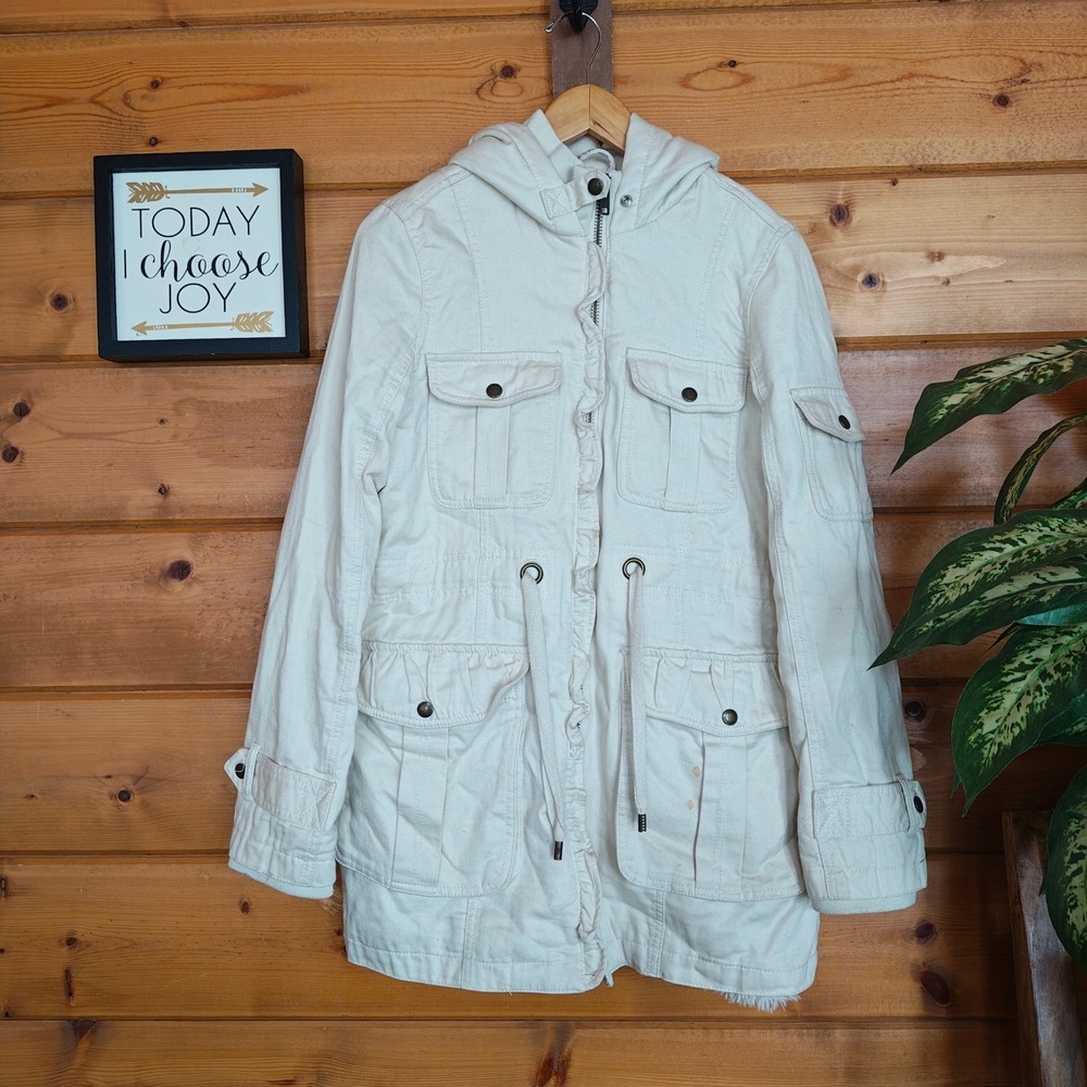 Sanctuary Cream Sherpa Lined Hooded  Coat Thick Cargo Utility Jacket Winter Sz L